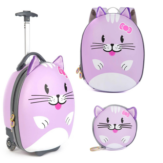Kids suitcase and backpack featuring a cute cat design with 3D details in purple, ideal for little adventurers.