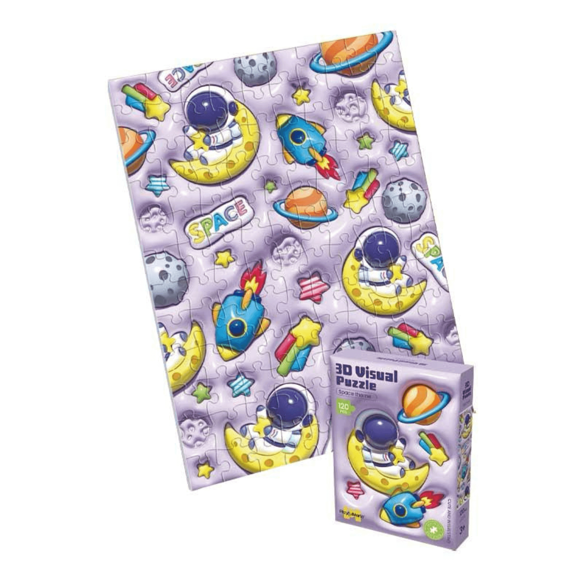 Colorful 3D space-themed puzzle set for kids, featuring planets, rockets, and a moon design.