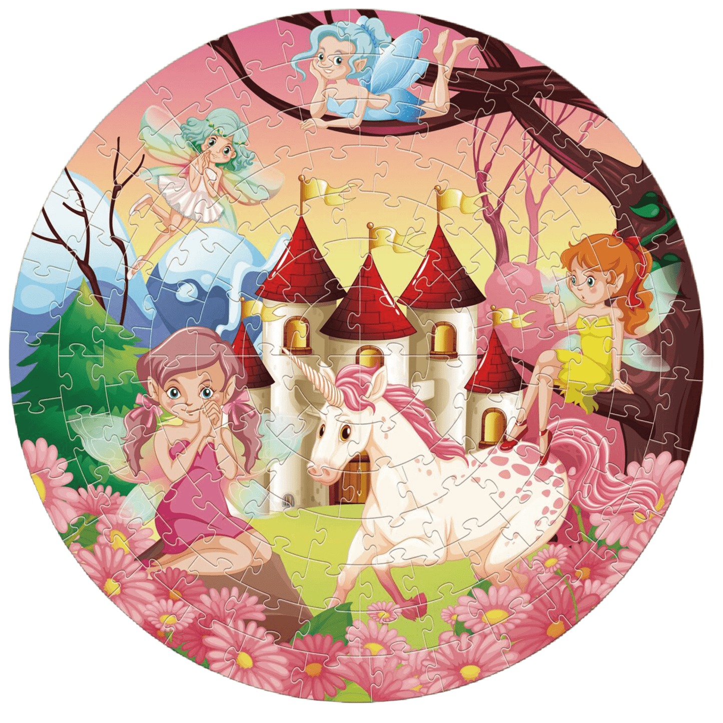 Fairy puzzle set for kids featuring colorful illustrations of fairies, a castle, and a unicorn.