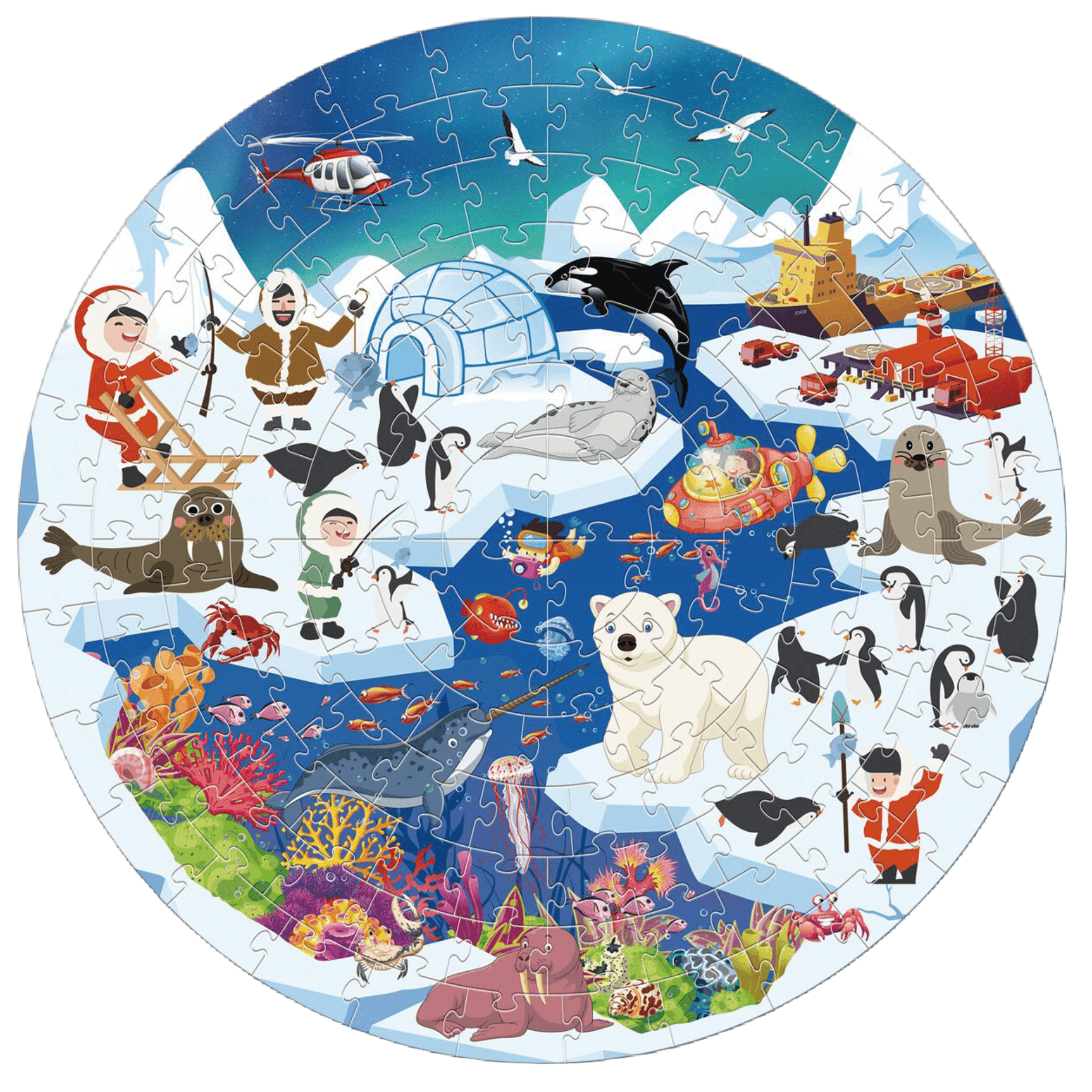 Colorful puzzle set depicting Arctic wildlife and activities for kids, featuring polar bears, seals, and igloos.