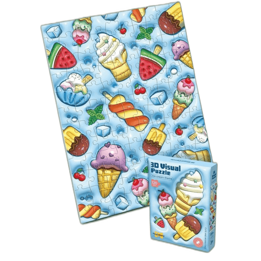 Colorful 3D puzzle set featuring ice creams and desserts, perfect for kids ages 4-8, enhancing creativity and motor skills.