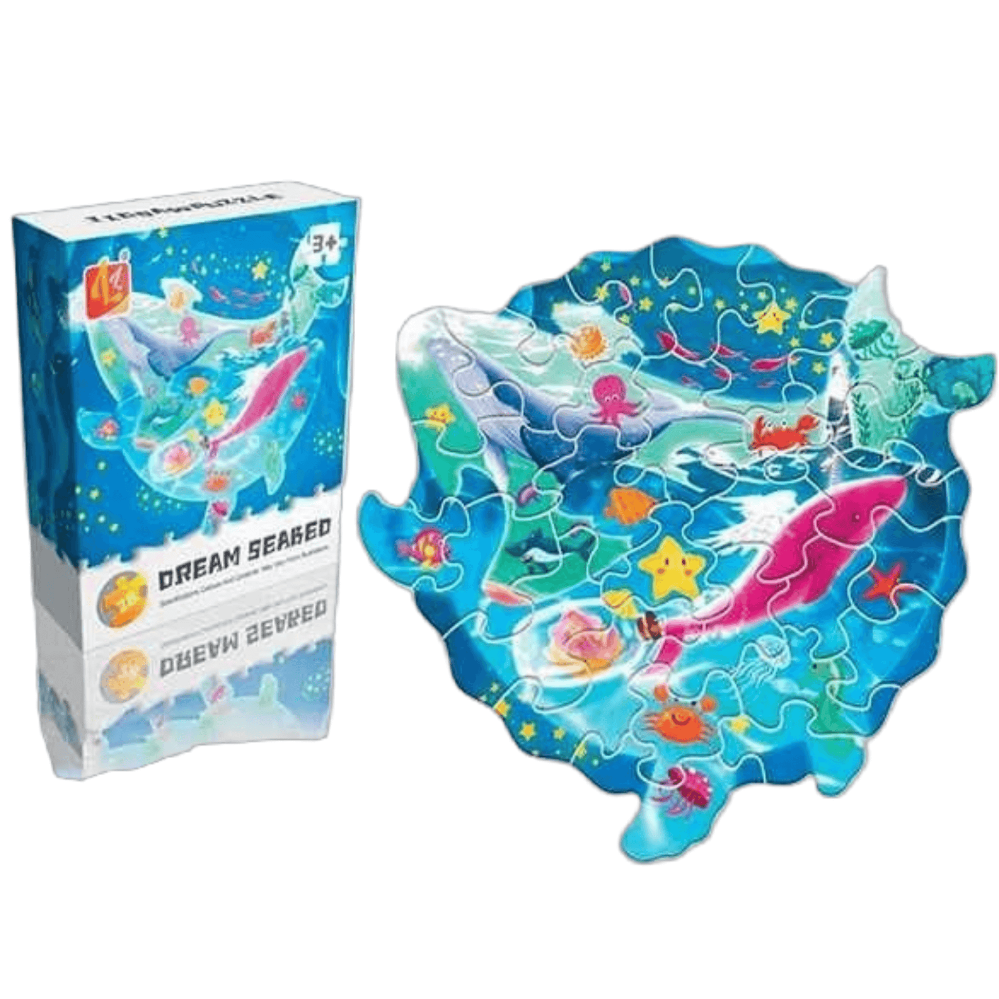 Colorful ocean-themed puzzle with sea animals, packaged in a box, perfect for children's educational playtime.