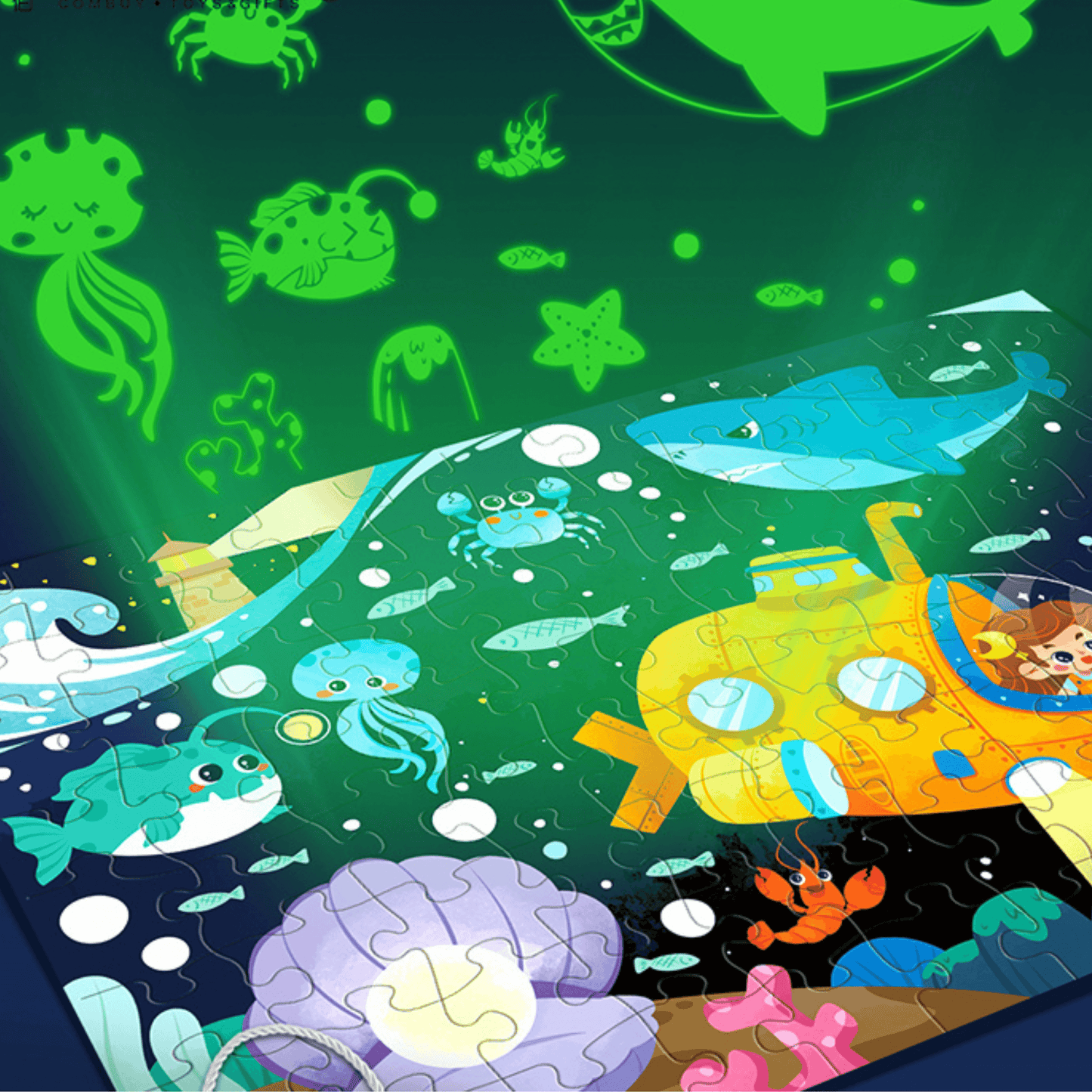 Glow-in-the-dark puzzle featuring sea creatures and a submarine, perfect for kids ages 4-8.