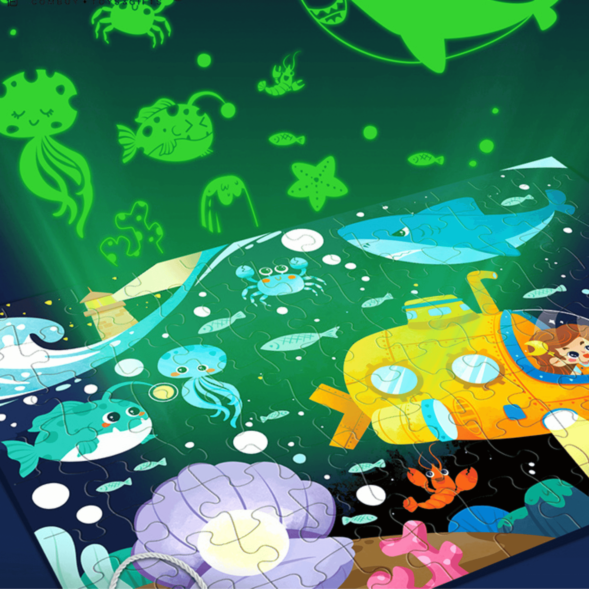Glow-in-the-dark puzzle featuring sea creatures and a submarine, perfect for kids ages 4-8.