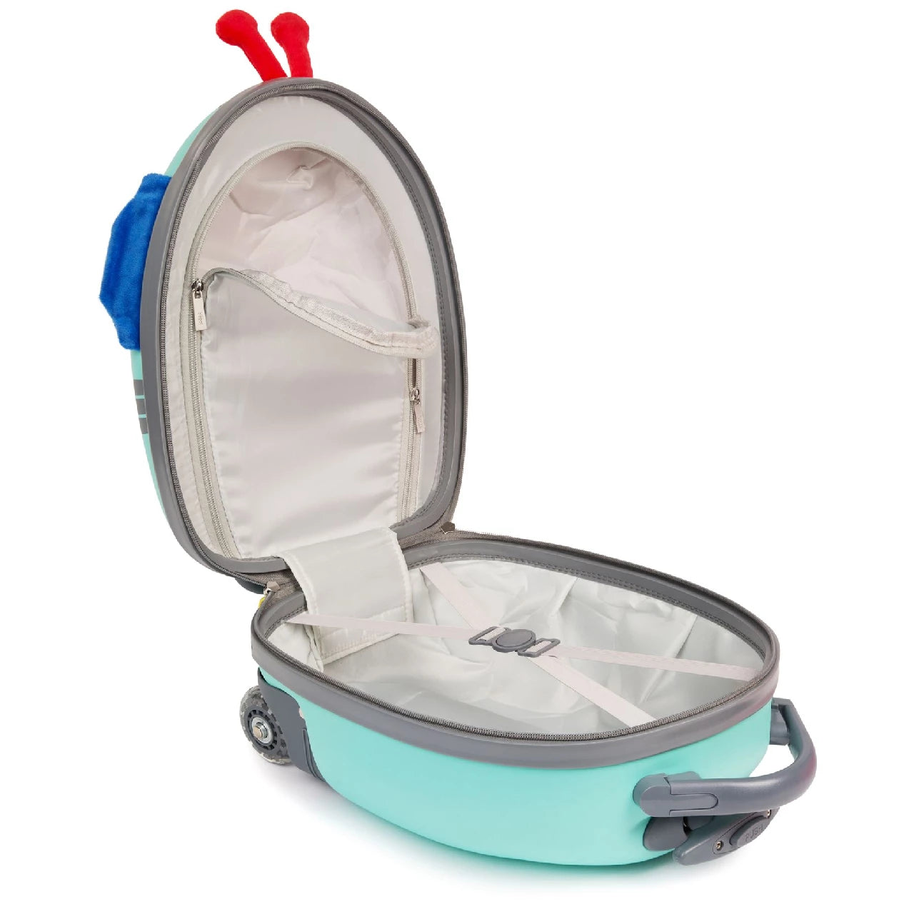 Open kids suitcase with 3D robot design and interior compartments for organization.