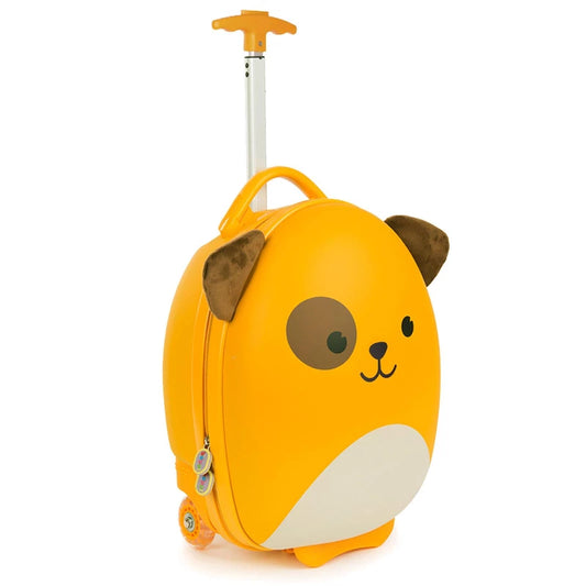 Yellow children's suitcase shaped like a dog with retractable handle and wheels, perfect for young adventurers.