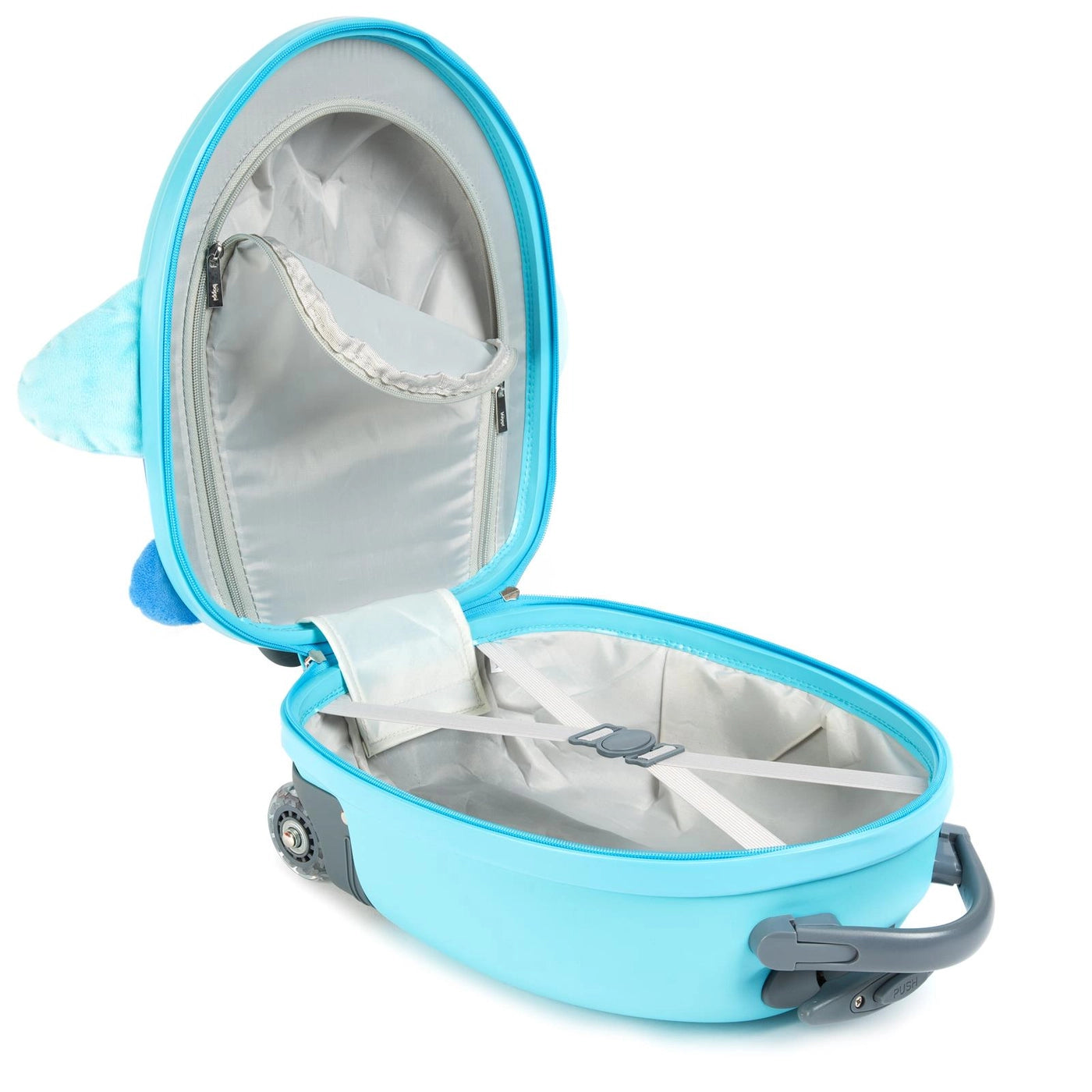Open blue Boppi Tiny Trekker kids suitcase, showcasing inner compartment and storage straps.