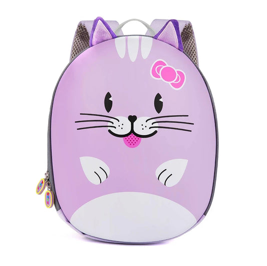 Boppi Tiny Trekker cat backpack for kids, lilac color with cute cat design and adjustable straps.