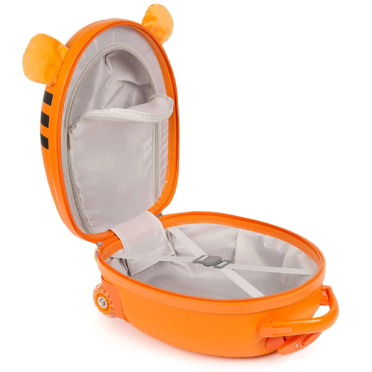 Atidarytas oranžinis vaikiškas lagaminas „Tigras“ su minkštomis ausytėmis, vidaus skyreliais ir elastinėmis daiktų tvirtinimo juostomis.