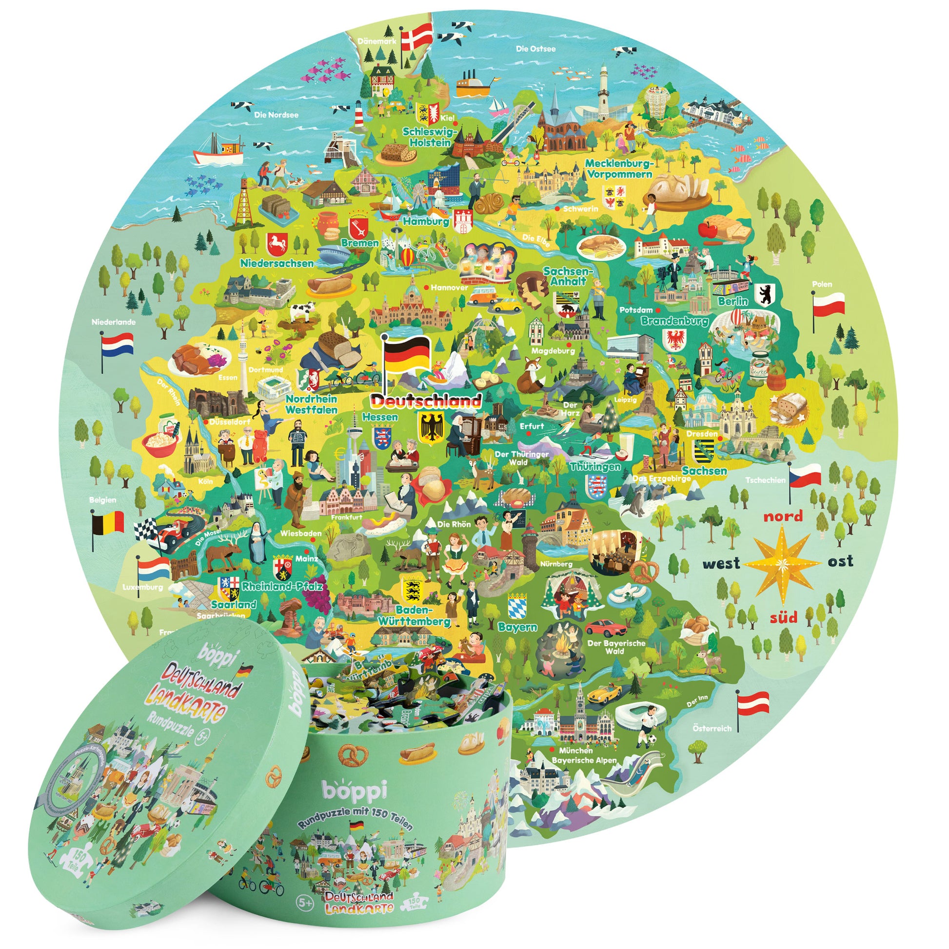 Round puzzle of Germany for kids, featuring colorful illustrations and educational themes, includes 150 recycled pieces.