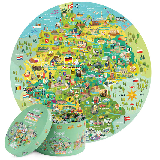 Round puzzle of Germany for kids, featuring colorful illustrations and educational themes, includes 150 recycled pieces.