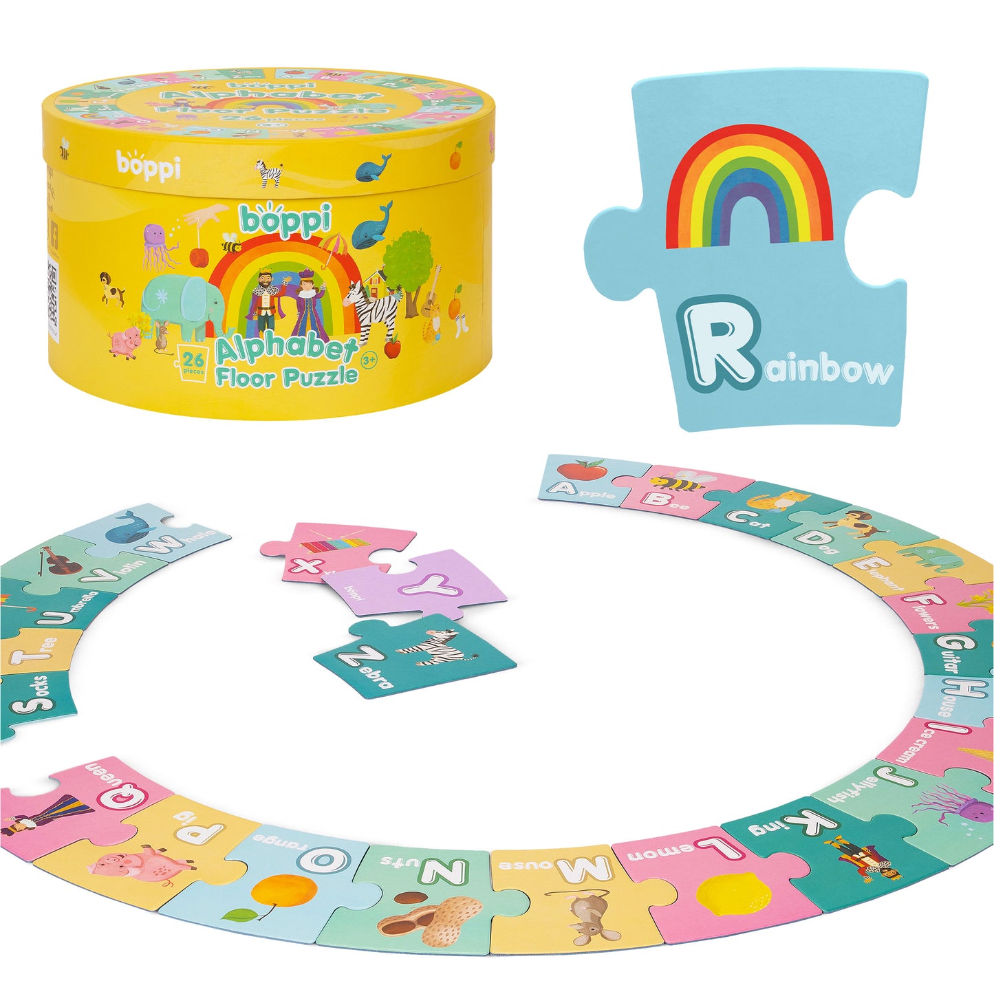 Colorful boppi alphabet floor puzzle featuring vibrant illustrations, perfect for toddlers learning letters.