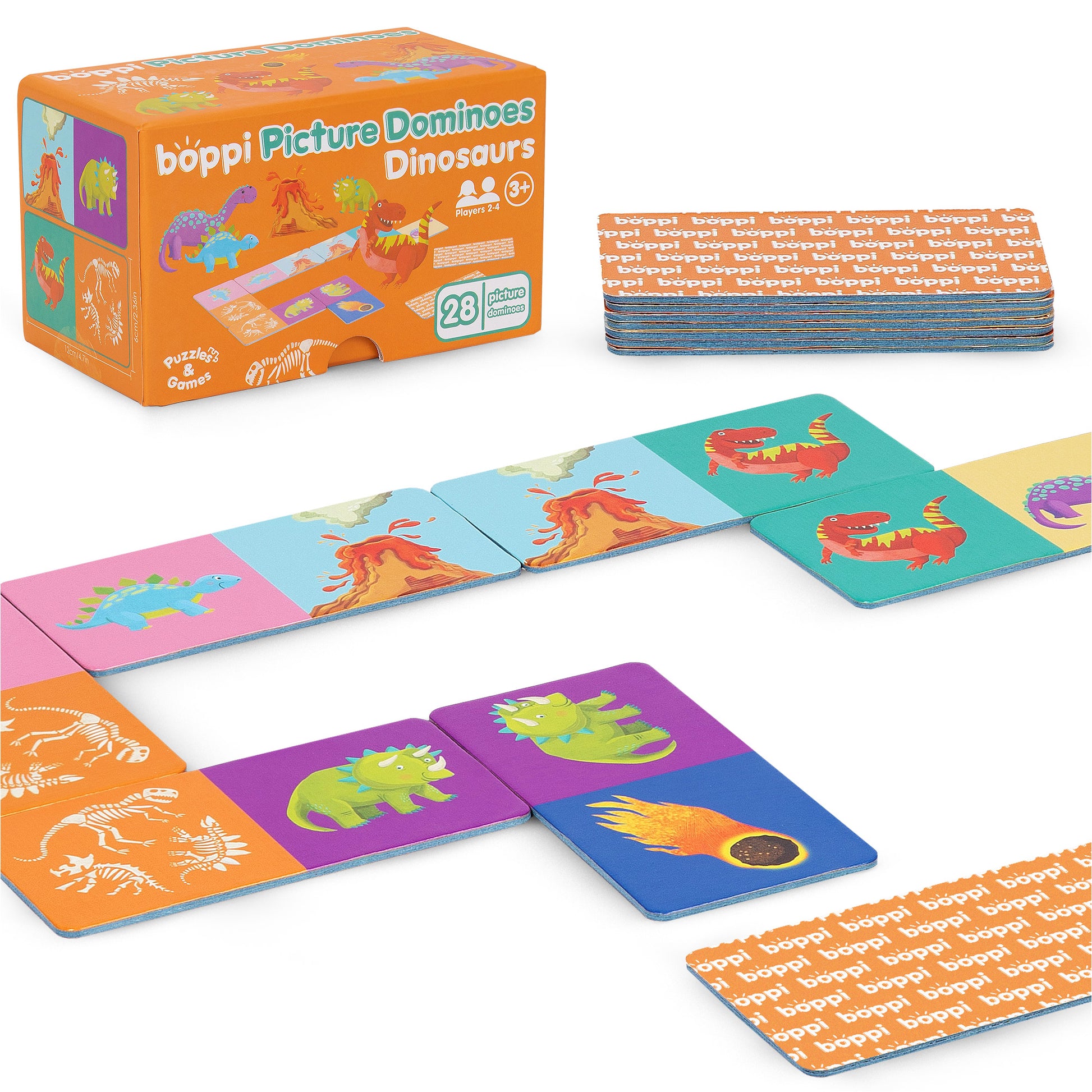 Boppi dinosaur domino game featuring 28 colorful cards for kids, showcasing vibrant dinosaur images and playful designs.
