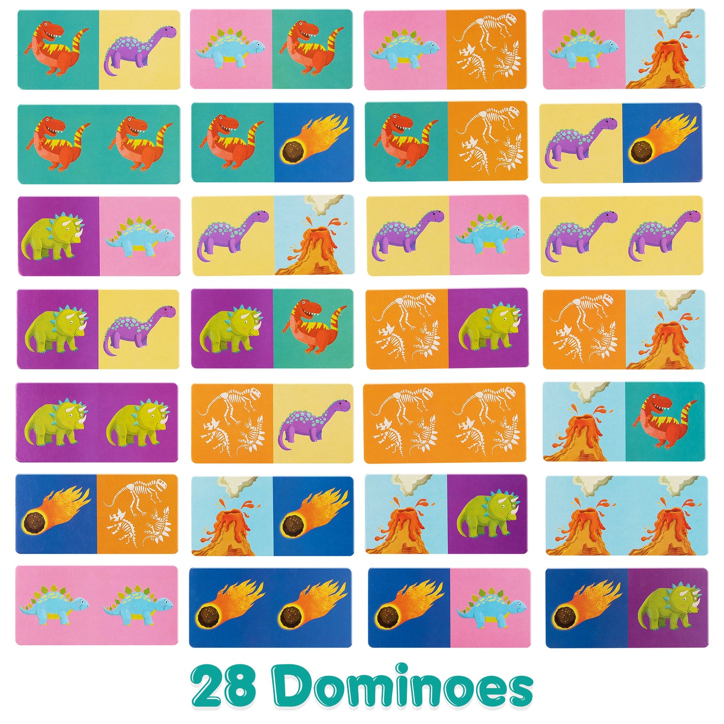 Colorful Boppi dinosaur domino cards for kids, featuring 28 unique designs, ideal for fun and learning.