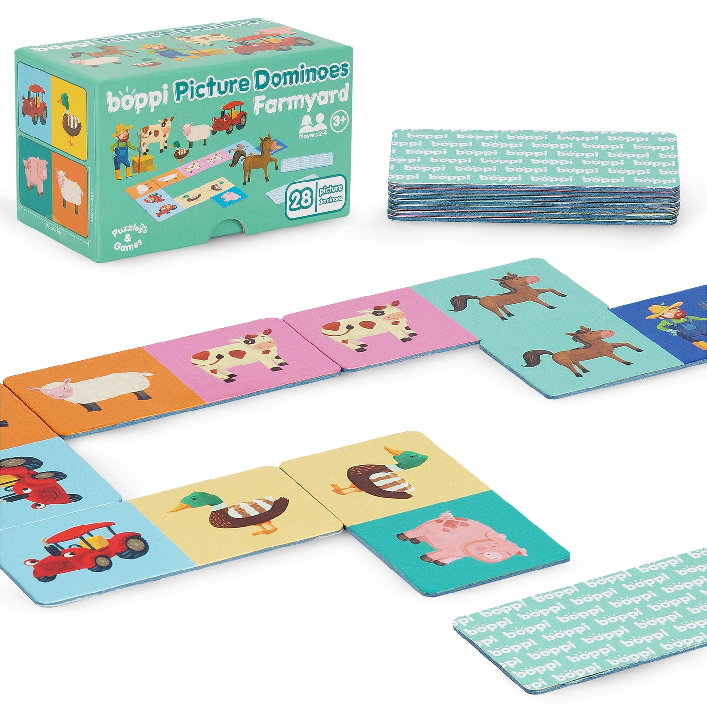 Boppi Picture Dominoes Farmyard game with 28 colorful animal cards suitable for kids aged 3 and up.