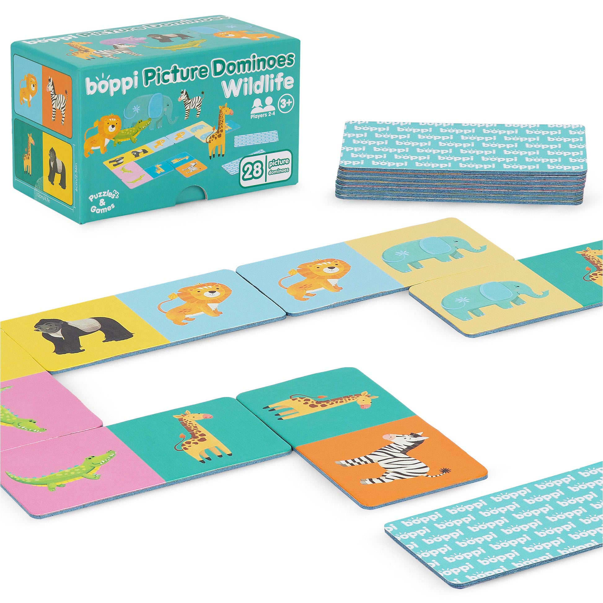 Boppi Wild Animals domino game for kids, featuring 28 colorful cards with various animal illustrations.