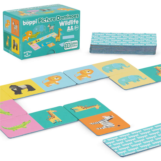 Boppi Wild Animals domino game for kids, featuring 28 colorful cards with various animal illustrations.