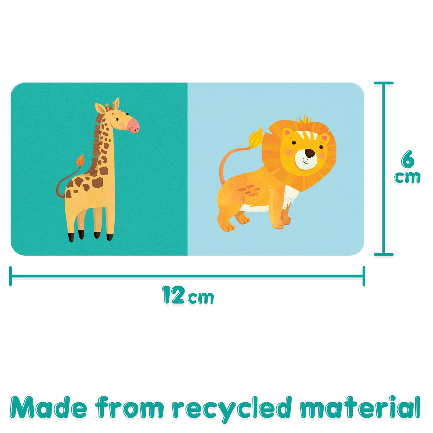 Illustration of a giraffe and lion on a domino card, made from recycled material, dimensions 12 cm x 6 cm.