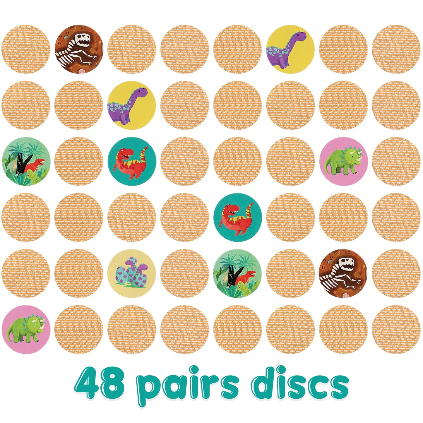 Boppi Dinosaur memory game layout with 48 colorful pairs of illustrated cards for kids.