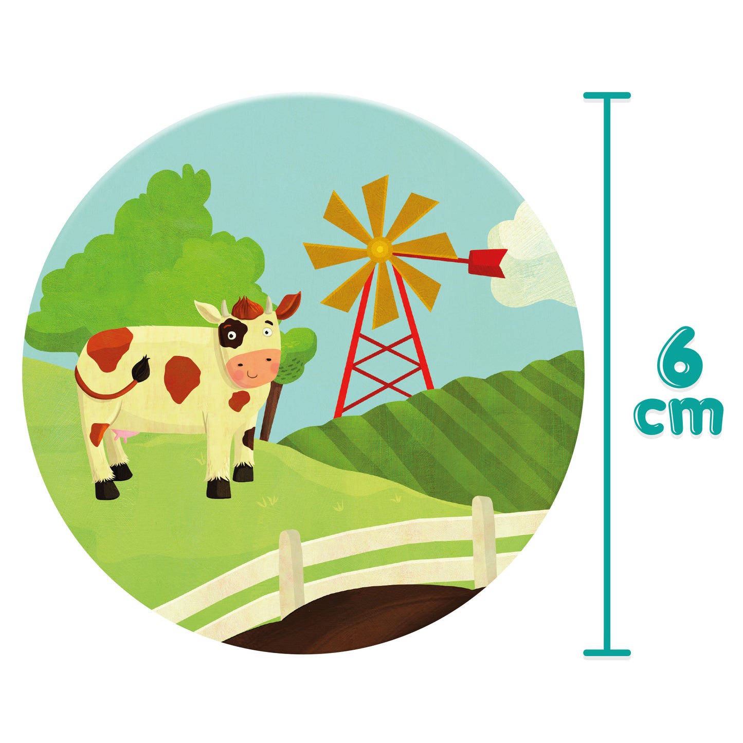 Farm illustration featuring a cow, windmill, and green hills, for kids' educational games.