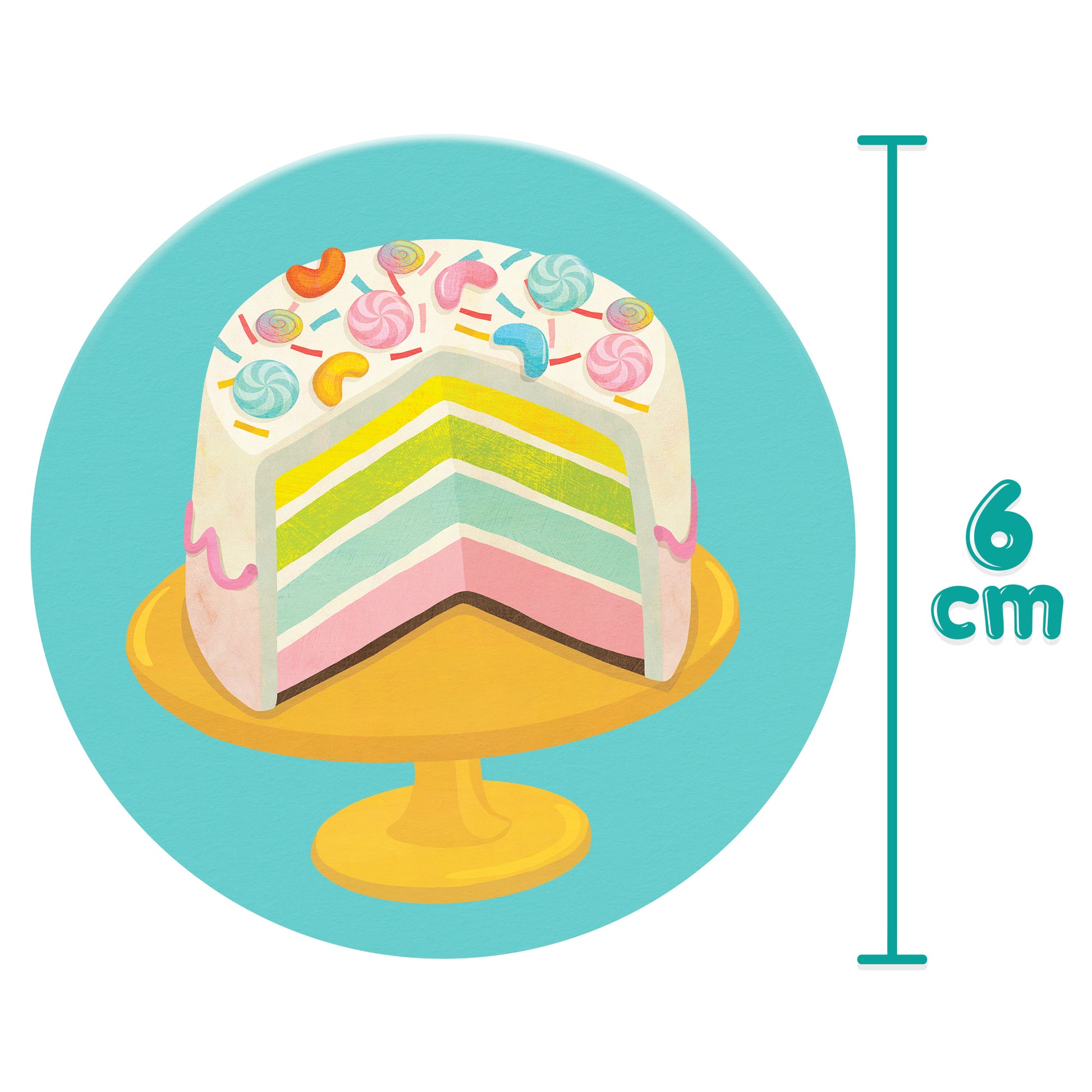 Illustration of a colorful layered cake with candy toppings on a yellow cake stand, dimensions 6 cm.