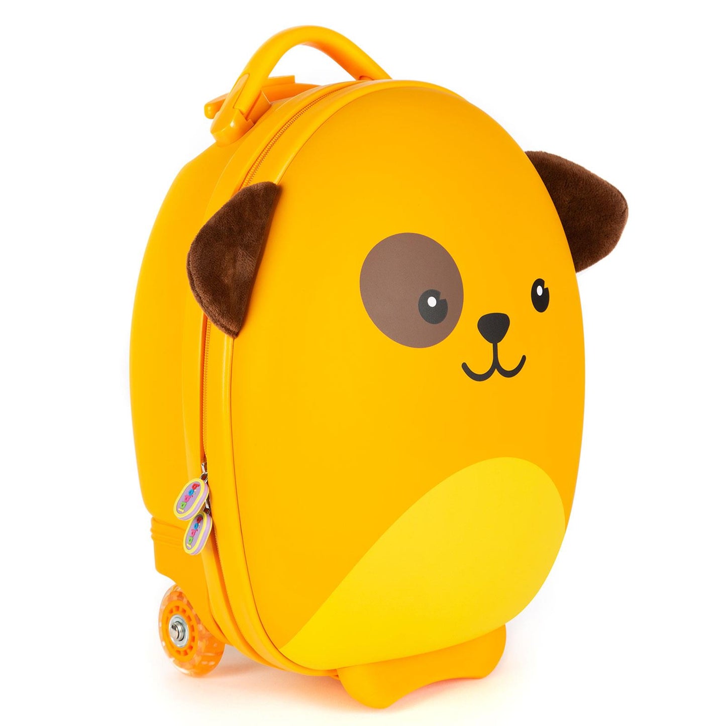 Lagaminas iš priekio: geltonas šuniuko lagaminas – priekyje plačiai besišypsantis šuniuko veidas, rudos ausys kyšo viršuje