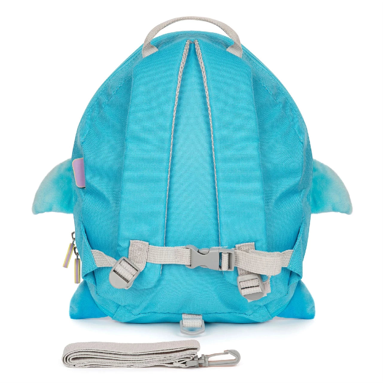 Cute blue shark-shaped kids' backpack with adjustable straps and detachable leash.