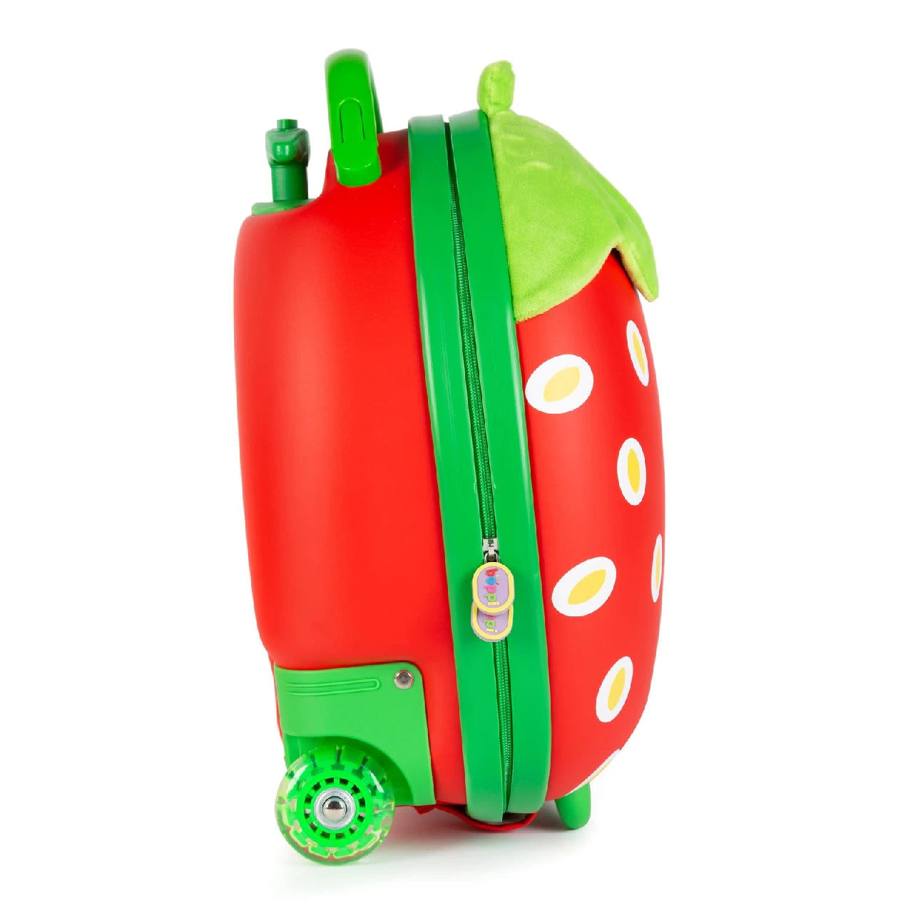 Kids strawberry suitcase with 3D details, retractable handle, and smooth-rolling wheels for adventure.