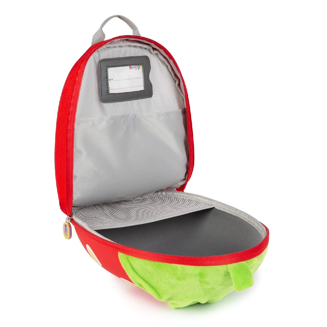 Open Boppi Tiny Trekker Backpack for kids in red and green strawberry design, showcasing interior storage space.
