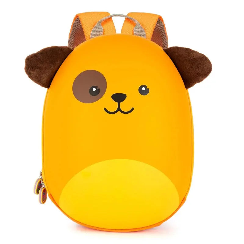 Bright yellow kids backpack featuring a cute dog design with brown ears, perfect for little adventurers.