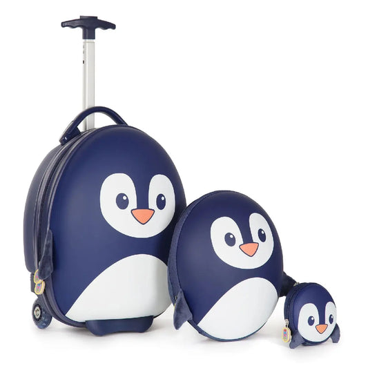 Boppi Tiny Trekker kids travel set featuring a penguin suitcase, backpack, and small pouch in blue, perfect for little adventurers.