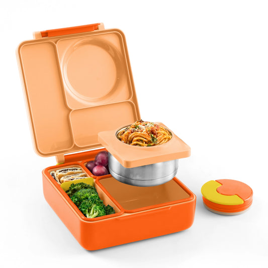 Orange OmieBox lunch box with thermos, featuring compartments for warm and cold food, ideal for kids' meals.