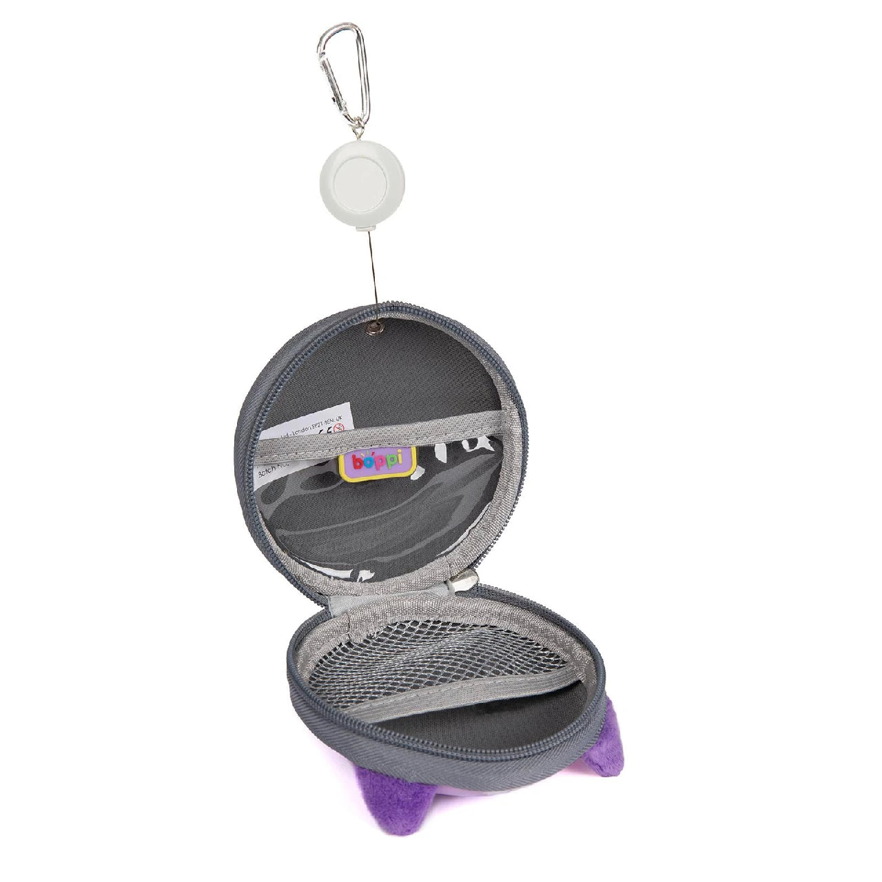 Open Boppi Tiny Trekker cat keyring wallet in grey and lilac, showcasing compartments and mesh pockets.