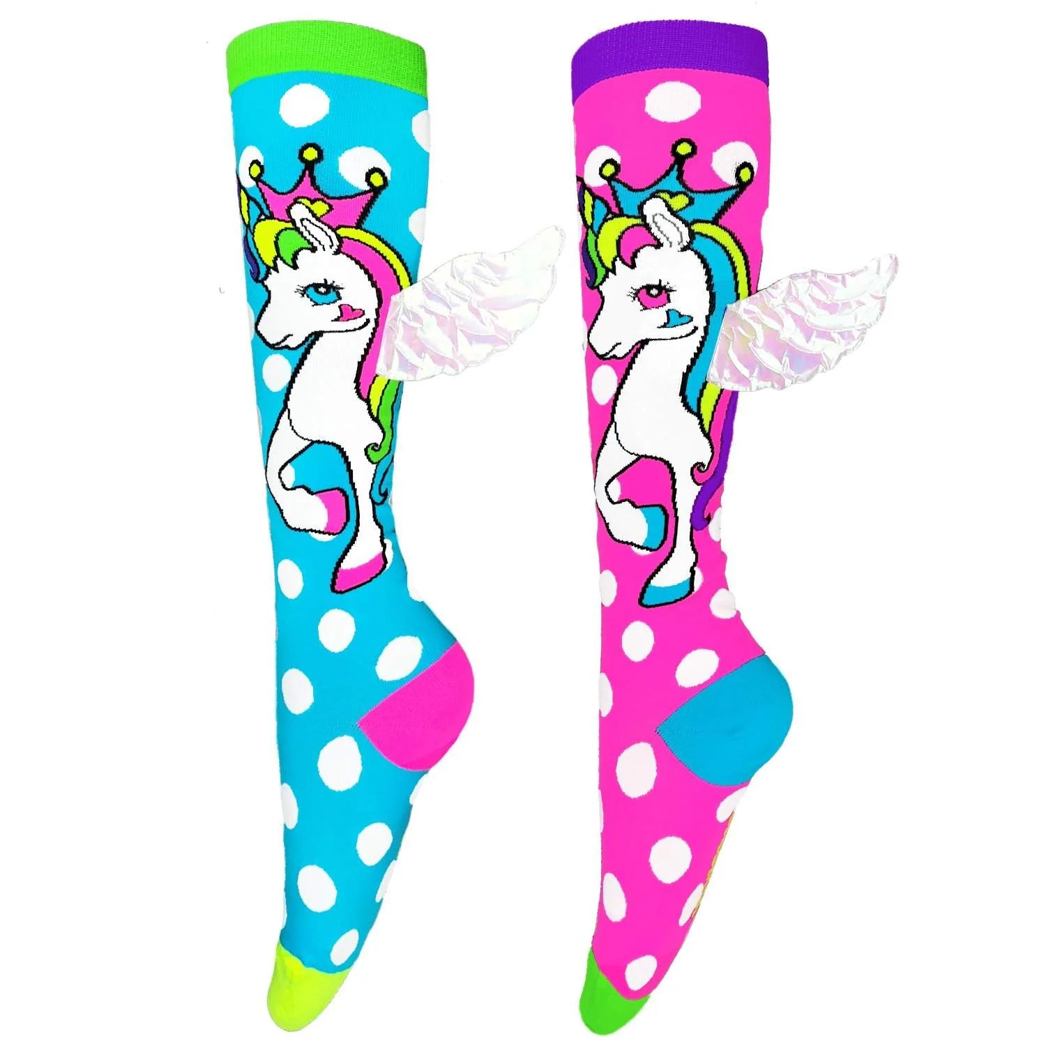 Colorful FLYING UNICORN socks for kids with holographic wings, perfect for dance parties and playful fun.
